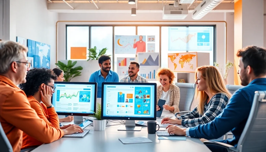 Creating engaging social media ads in a dynamic creative workspace with analytics displays.