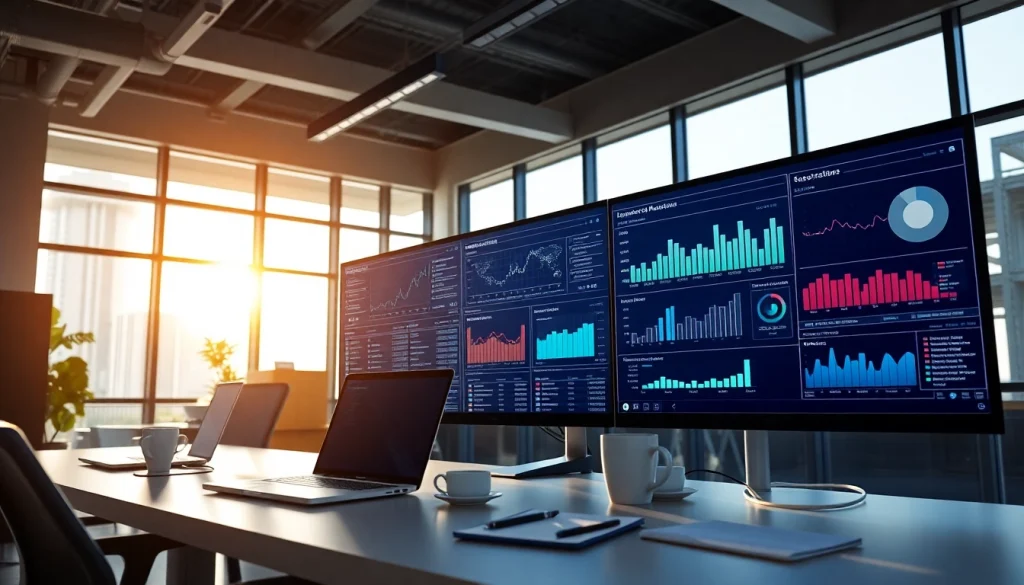 Monitor server management analytics in a modern office setting with multiple screens.