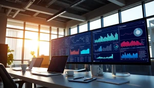 Monitor server management analytics in a modern office setting with multiple screens.