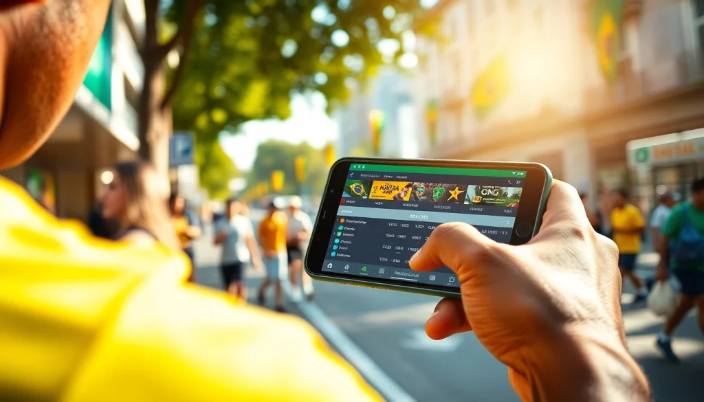 Engaging moment showcasing sports betting in Brazil with vibrant smartphone display in urban setting.