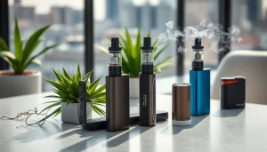 Vapes displayed elegantly on a table with vapor clouds in the background.
