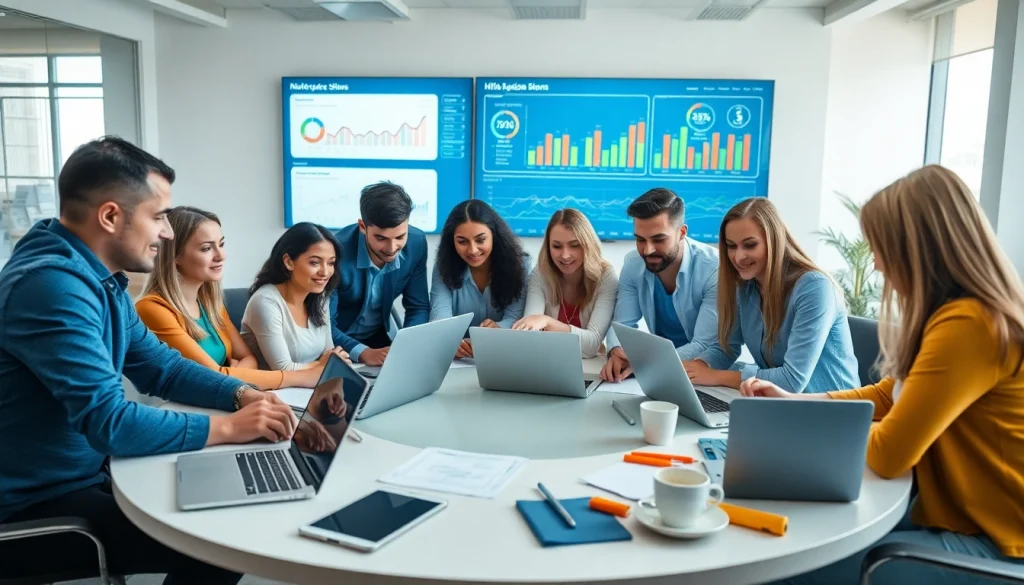 Engaged team from IT companies collaborating over technology in a modern office.