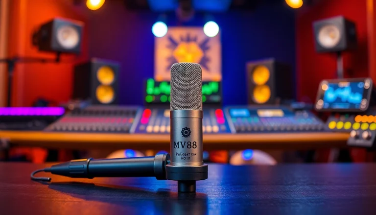 Capture of the MV88 microphone showcasing its sleek design and premium features in professional lighting.