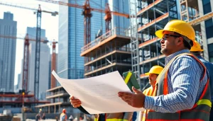 New York City Construction Manager engaging with workers at a busy project site with skyline view.
