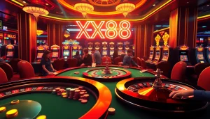 Experience exhilarating poker action at XX88 Casino with vibrant cards and chips.