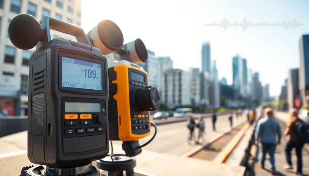 Analyze noise impact assessment using advanced sound measurement tools in a bustling urban environment.