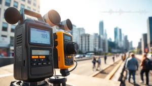 Analyze noise impact assessment using advanced sound measurement tools in a bustling urban environment.