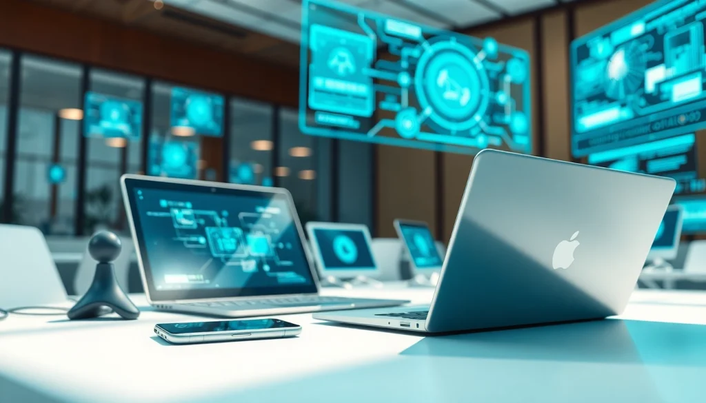 Technology workspace highlighting innovation with advanced gadgets in a modern office.