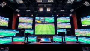 스포츠중계에 대한 전문 스튜디오에서 생동감 있게 방송하는 장면