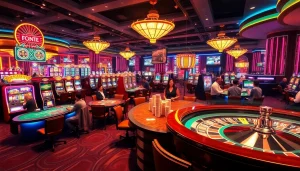 Experience the vibrant gambling world of KJC AC 1 with players enjoying casino tables and slot machines.