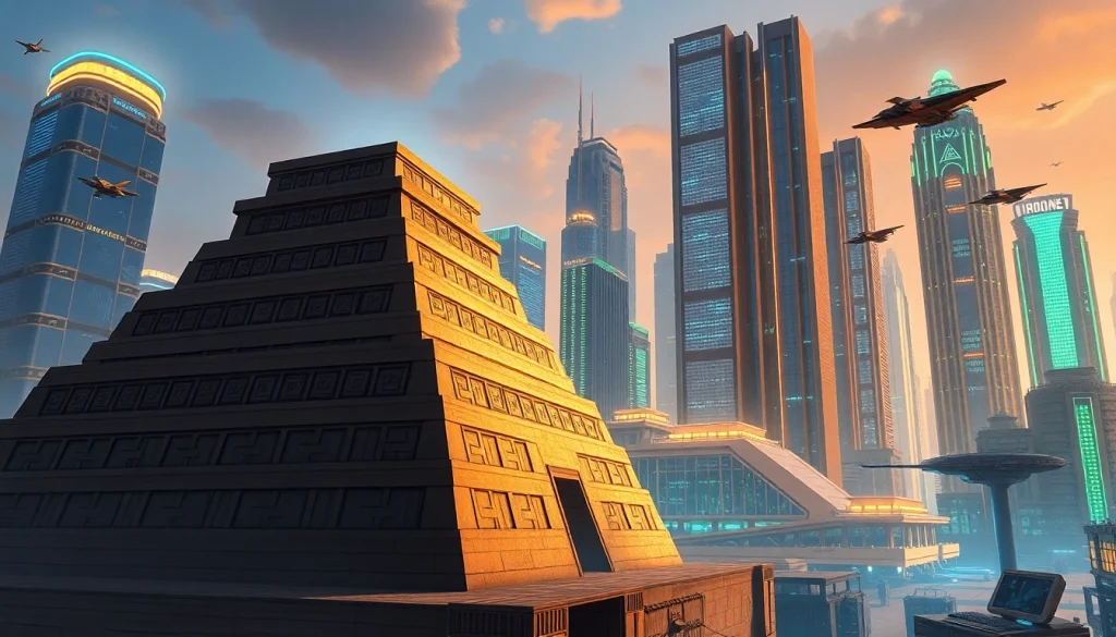 Visual representation of www.trilgameshproject.com blending ancient architecture with modern technology in a futuristic skyline.