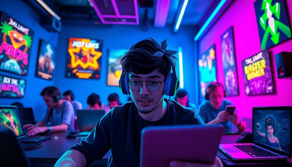 Menampilkan gamers yang memainkan bensu4d alternatif game dengan semangat di ruangan neon.