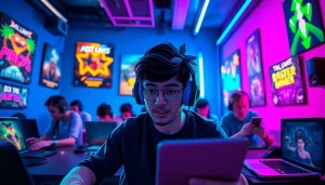 Menampilkan gamers yang memainkan bensu4d alternatif game dengan semangat di ruangan neon.