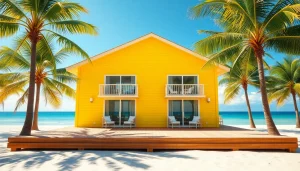Experience the coastal cabana with its cheerful yellow exterior and stunning ocean views.