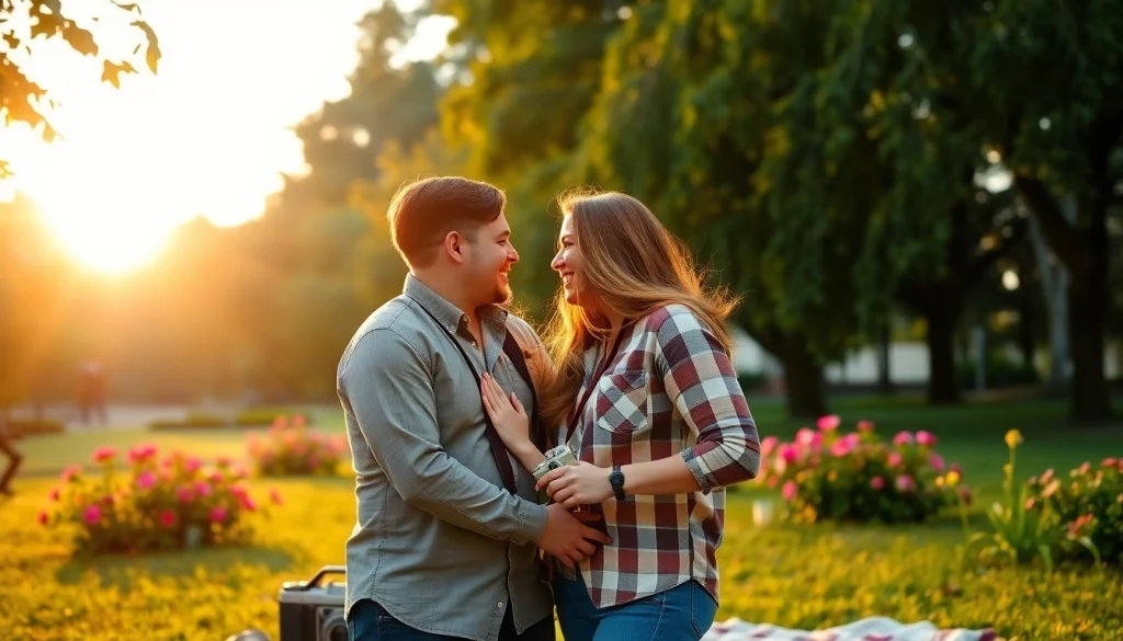 Places to take pictures near me in Tampa, showcasing a couple's embrace in a lush park.