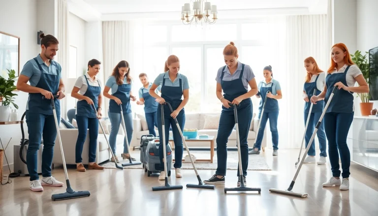 Cleaning Service team efficiently cleaning a bright, modern home, showcasing professionalism and trust.