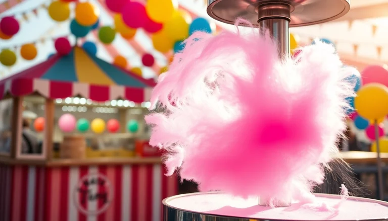 Maak wafel katoen in een kleurrijke kermissfeer met een draaiende suikermachine.