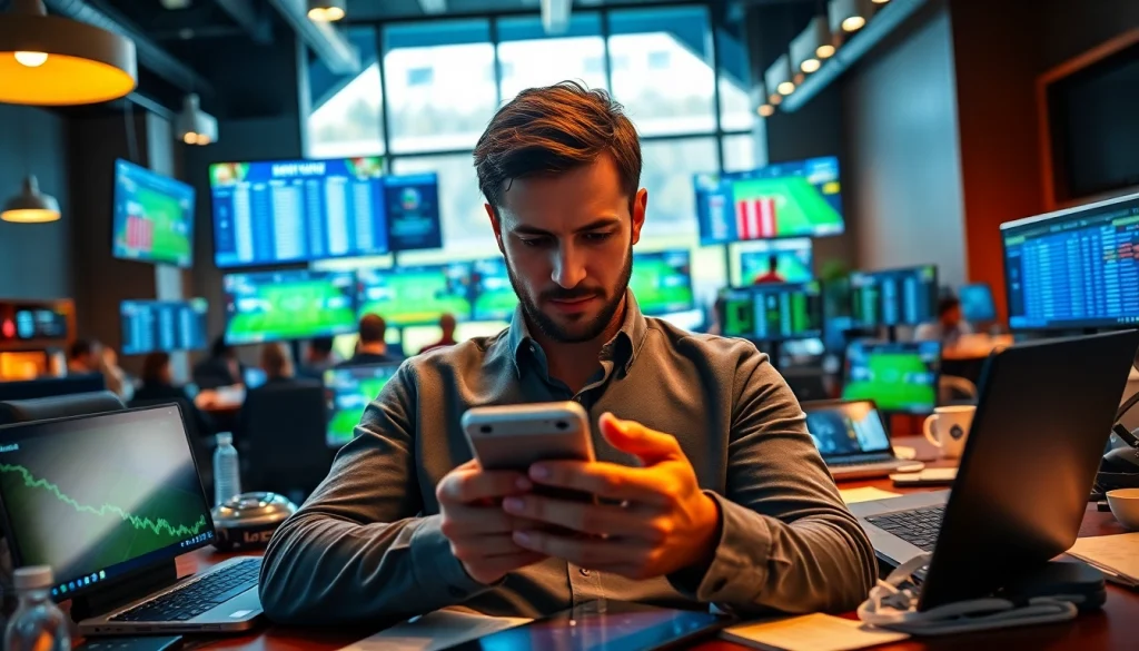 Evaluate best sports betting sites in India with a vibrant betting scene featuring devices and excitement.