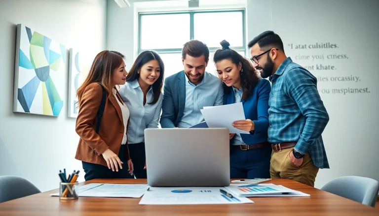 Team discussing strategies at Quickplus Business Consultants in a modern office setting
