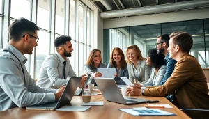 Collaborative business team discussing solutions at https://valuesfirst.com in a modern office setting.