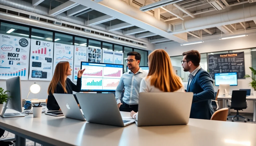 Team analyzing strategies on smm panel in a modern office.