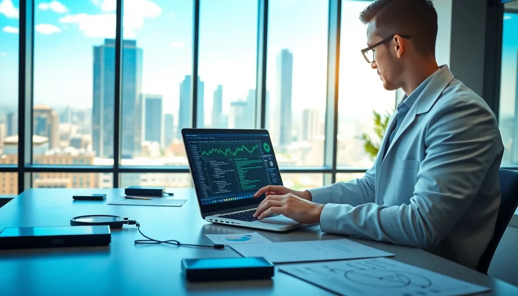 Analyze data trends on https://benchbot.ai with sophisticated algorithms in a modern office.