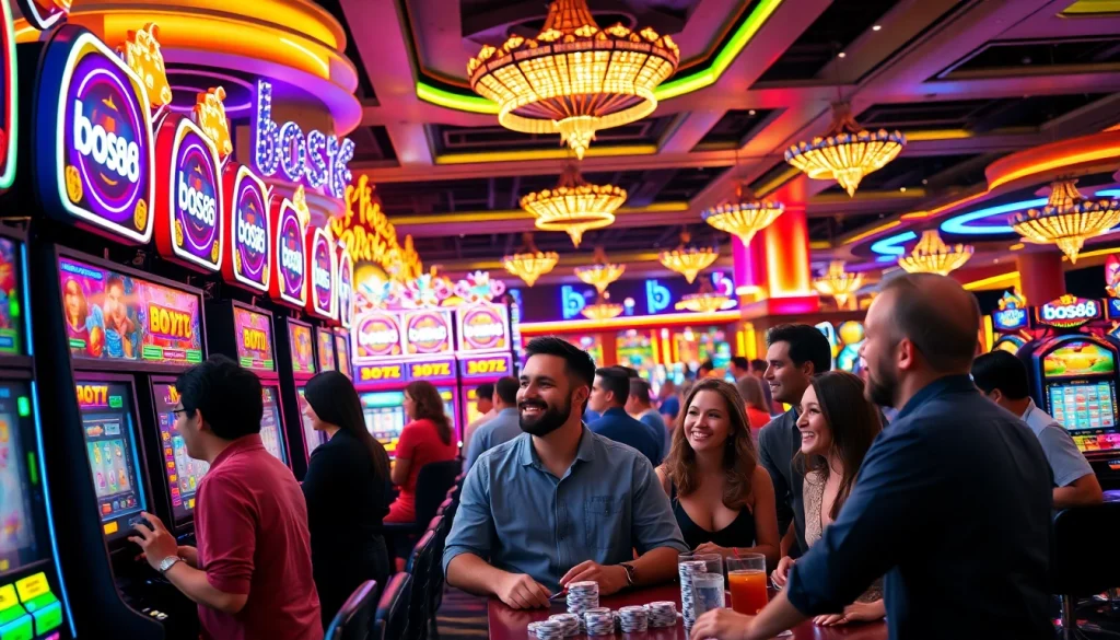 Menampilkan para pemain antusias menikmati keseruan bos88 dengan mesin slot berwarna-warni.