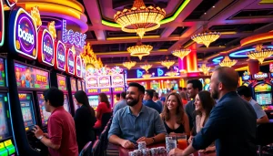 Menampilkan para pemain antusias menikmati keseruan bos88 dengan mesin slot berwarna-warni.