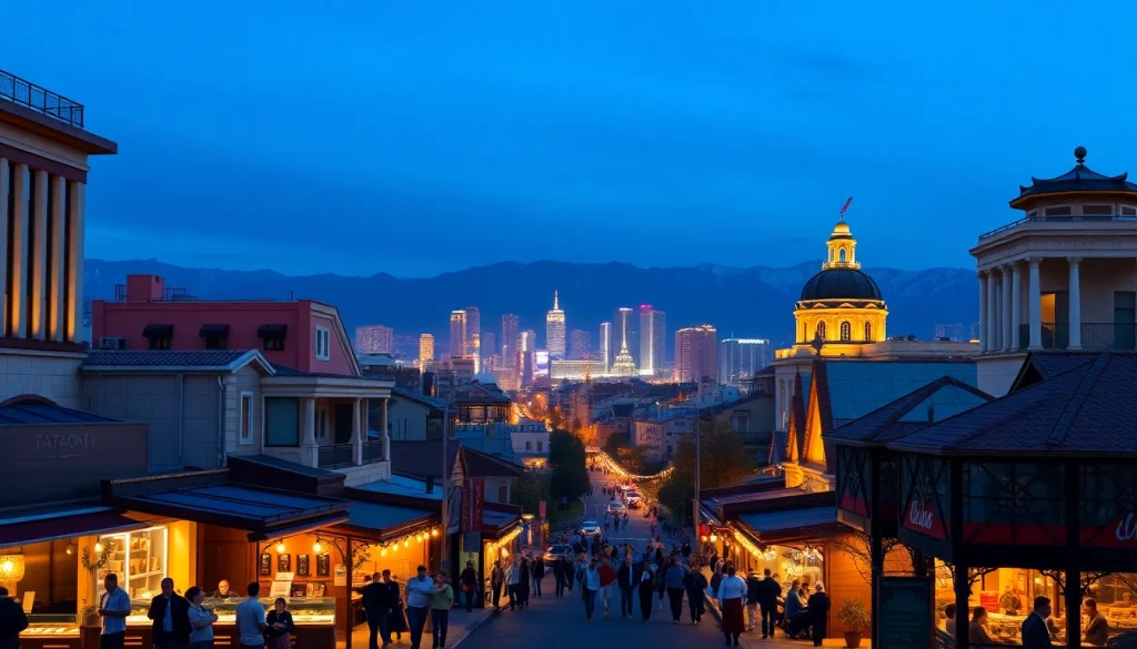 Experience Almaty cityscape at twilight with lively streets at https://albmaftoh.com