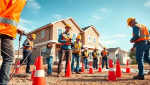 Building companies near me team working on a residential construction project in a vibrant neighborhood.