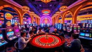 คาสิโน ที่มีผู้เล่นสนุกสนานอยู่ท่ามกลางแสงไฟที่สดใส