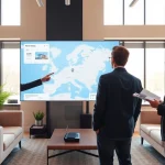 Engaging real estate agent presenting property options and digital map in a bright office.