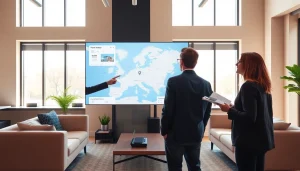 Engaging real estate agent presenting property options and digital map in a bright office.