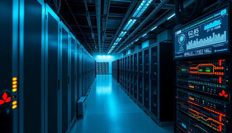 High-tech crypto mining operation with ASIC miners and screens displaying data.