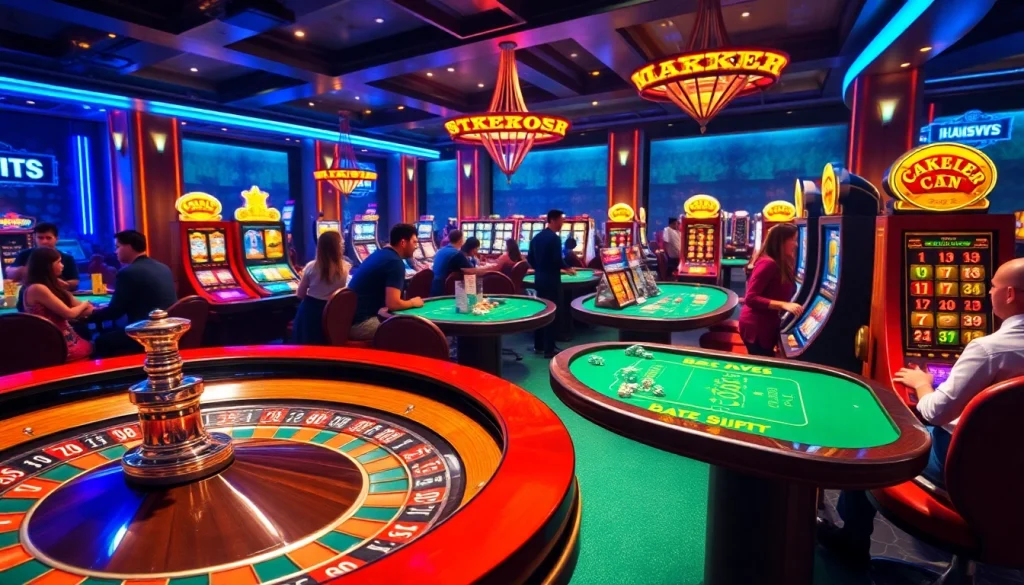 KJC AC 1 casino scene with roulette, card tables, and players enjoying slot machines.