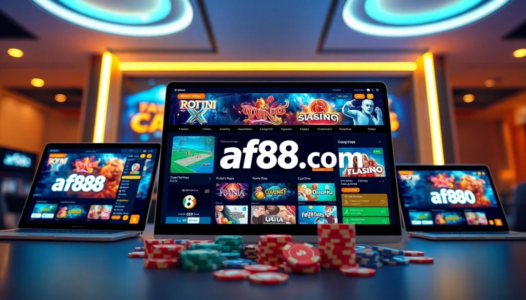 Engaging interface of af88.com, a modern online gambling platform showcasing vibrant casino graphics and sports betting options.