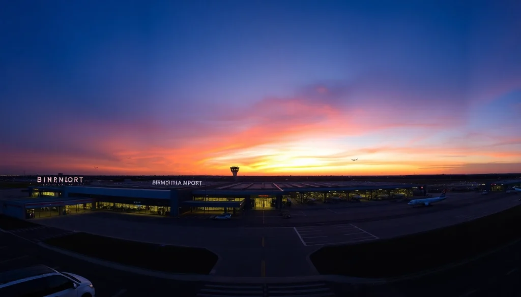 Birmingham Airport terminal bustling with travelers, showcasing dynamic activity and vibrant sunset colors.