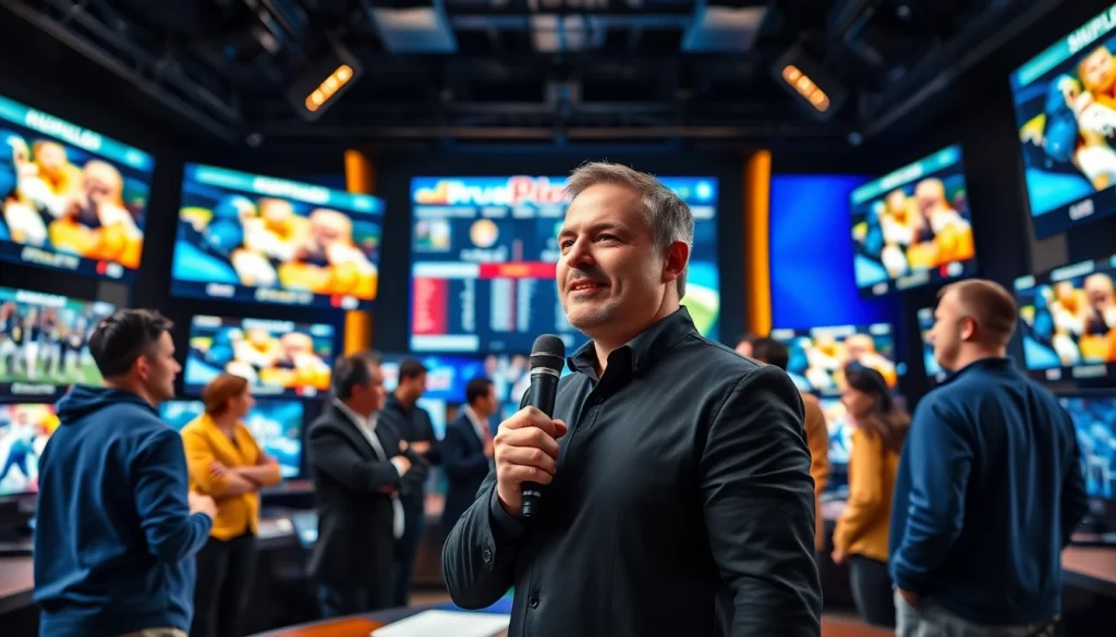 스포츠중계 라이브 방송을 진행하는 전문 아나운서의 다이나믹한 장면