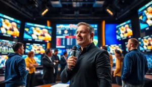 스포츠중계 라이브 방송을 진행하는 전문 아나운서의 다이나믹한 장면