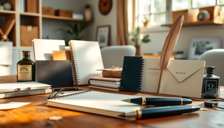 Showcasing a stationery company’s elegant products, including notebooks and pens, in a professional setting.