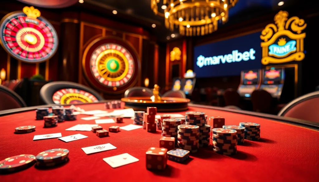 Marvelbet casino scene highlighting poker chips and roulette wheel in a luxurious setting.