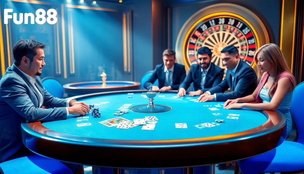 Play poker at Fun88's luxurious casino table amidst a vibrant atmosphere of excitement.