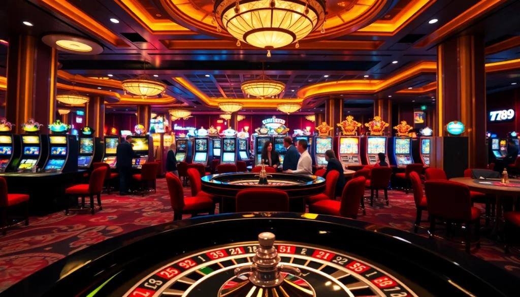 A thrilling gaming experience at 789club, featuring colorful slot machines and engaging players around a roulette table.