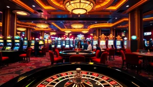 A thrilling gaming experience at 789club, featuring colorful slot machines and engaging players around a roulette table.