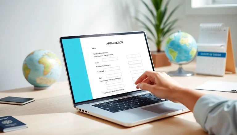 Streamlined esta application process on a laptop with a hand filling out a form, reflecting ease of use.