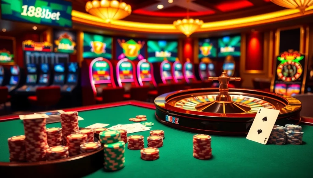 Engaging gambling scene at 188bet featuring poker chips, cards, and a roulette table in a luxurious casino setting.