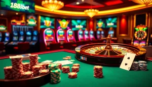 Engaging gambling scene at 188bet featuring poker chips, cards, and a roulette table in a luxurious casino setting.