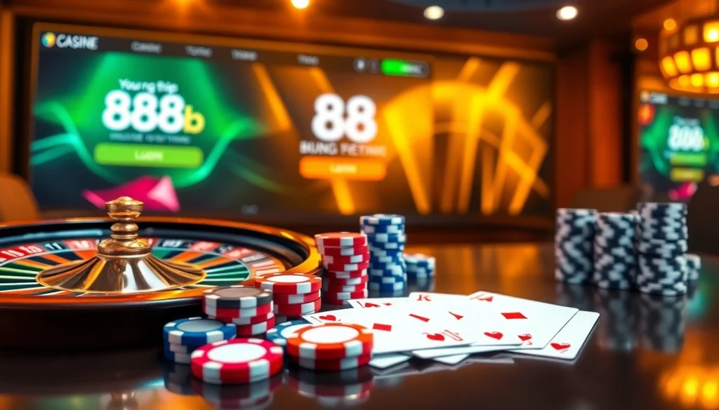 Engaging scene illustrating the excitement of đăng nhập 888b with vibrant poker chips and roulette.