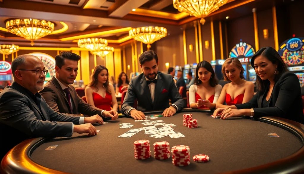 Players placing bets and strategizing at the VUA99 poker table in an upscale casino atmosphere.