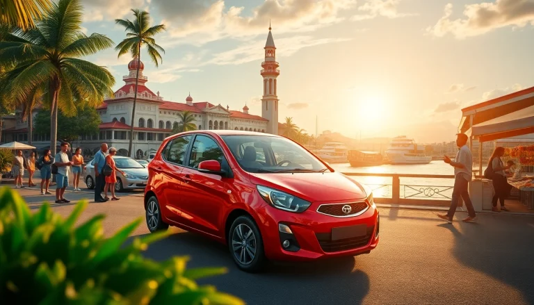 Kuching rent a car options with vibrant scenery showcasing rental vehicles against the city's iconic waterfront.